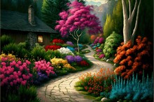  A Painting Of A Pathway Leading To A House In The Woods With Flowers And Trees Around It And A Pathway Leading To A Cabin.