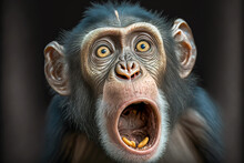 Chimpanzee Expresses Emotions Funny Monkey With An Open Mouth.  Comedy Wildlife  Background. Digital Artwork
