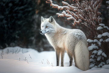 Wall Mural - fox on the winter forest meadow, with white snow. red fox hunting, vulpes vulpes, wildlife scene fro