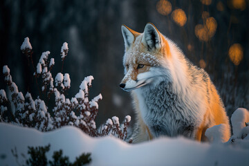 Wall Mural - fox on the winter forest meadow, with white snow. red fox hunting, vulpes vulpes, wildlife scene fro