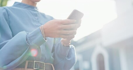 Poster - Woman, phone and hands typing in city for business communication, email notification or reading mobile app conversation outdoor. Businesswoman, smartphone and internet search or digital networking
