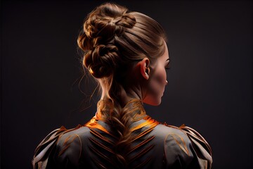  a woman with a braid in her hair and a ponytail in her hair.