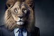  a lion wearing a suit and tie with a dark background and a dark background with a black background and a white background. Generative AI