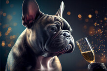 Tiny  French Bulldog Drinking Champagne On New Year's Eve Party- Generative AI