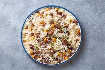 Traditional Turkish food; Roasted meat on rice (Turkish name; pilav üstü kavurma, kurban kavurma, nohutlu etli pilav)