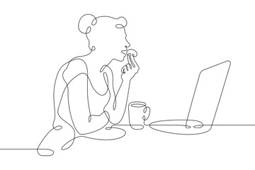 One continuous line. A woman eats on a laptop. Eating at the computer. Internet work. Girl with a laptop.One continuous line on a white background.