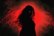 Scary evil spirit with glowing red eyes haunts the foggy woods at midnight - dangerous undead ghostly apparition in form of female silhouette.