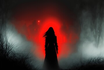 Wall Mural - Scary evil spirit haunts the foggy woods at midnight - dangerous undead ghostly apparition in form of female silhouette.