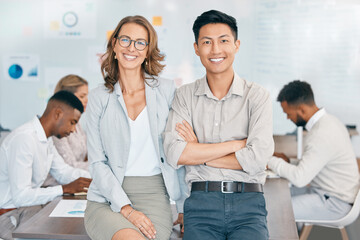 Poster - Meeting, office and portrait of business people in collaboration at conference room. Happy, team leadership and interracial colleagues working on corporate strategy or project in work boardroom