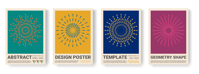 Poster - Firework banners. Graphic Circle patterns, sun burst posters. Modern color geometric rounds, Bauhaus covers, fireworks symbol. New year celebrate collection. Doodle explosion. Vector graphic set