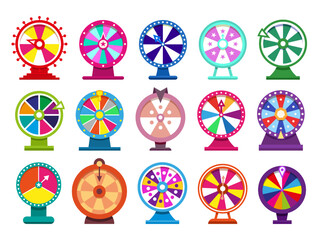 Poster - Wheel spin roulette set, lottery game isolated flat elements. Win prize in lucky casino, arrow like a money chance, luck turn. Bright colors target. Vector illustration online gamble objects