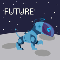 Poster - Robotic dog. Future outer space exploration. Automation animal. Moon discovery. Artificial intelligence. Mechanical toy. Research robot. Spacewalk puppy android. Vector illustration