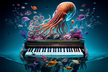 Octopus Playing Piano In Underwater World. Generative Ai