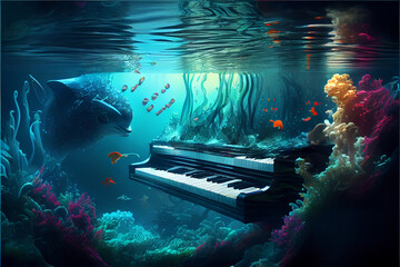 Wall Mural - Piano Under Water. Generative ai