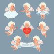 Isolated flat vector of cupid set. Illustration of amur with bow. Cute baby cartoon character greeting with Valentine's Day. Images of angels with wings in different poses aiming at lovers