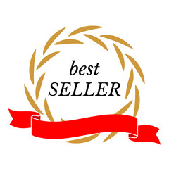 Wall Mural - best seller round golden laurel wreath with red ribbon and black text. vector circle quality badge, 