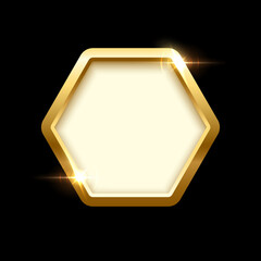 Poster - 3d plate button of hexagon shape with golden frame vector illustration. Realistic isolated website element, golden glossy label for game UI, badge of navigation menu with shiny light effect on border