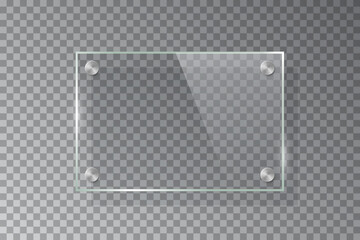 Poster - glass rectangle plate isolated on transparent background. vector realistic acrylic frame with steel 