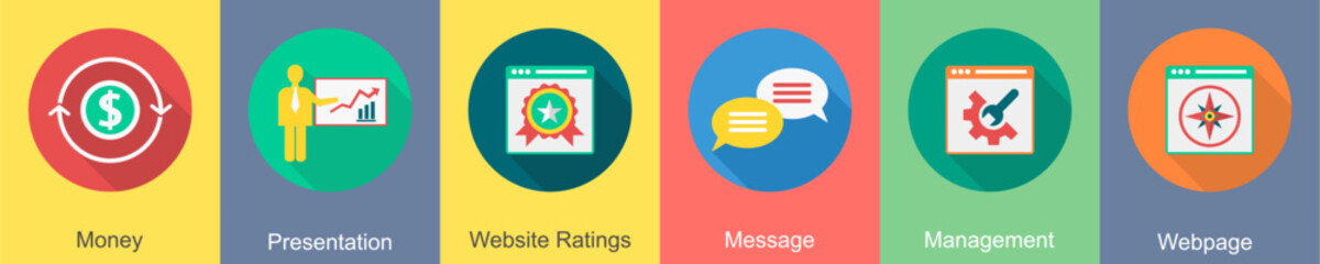 A set of 6 SEO icons as money, presentation, website ratings