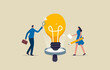 © yellow_man - Business analysis. Explore and research business idea. Businessman and Business woman verify or validate light bulb. Illustration