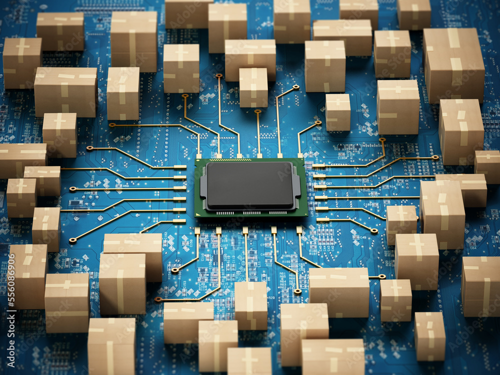 Cargo boxes standing around mainboard with a CPU in the center. Cargo ...