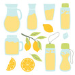 Lemonade set. Collection of jugs, glasses and bottles of lemonade. Lemonade with lemon, mint and ice. Vector illustration. Flat hand drawn style.