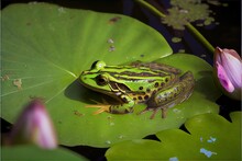 Green Frog On Water Lily Leaf In Pond