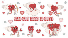 Groovy Lovely Big Set Hearts Stickers Cupid. Love Concept. Happy Valentines Day. Funky Happy Heart Character In Trendy Retro 60s 70s Cartoon Style. Vector Illustration In Pink Red Colors.