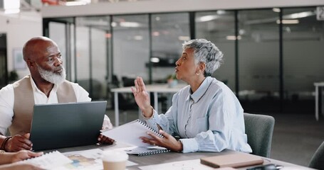 Wall Mural - Laptop, documents and meeting with a business team in the boardroom for planning or strategy. Teamwork, collaboration and senior management with a man and woman group working on the company vision