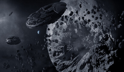 Wall Mural - moon collapse and alien spaceships,3d illustration