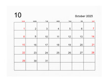 A October 2023 Calendar Page Isolated On White Background, Saved Clipping Path.