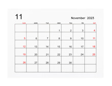 A November 2023 Calendar Page Isolated On White Background, Saved Clipping Path.