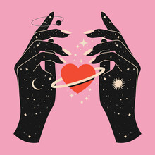 Mystical Celestial Woman Hands With Starry Space Texture And Red Heart Between Them As Metaphor Of Love Or Hope. Spiritual Mystical Concept For Poster Or T-shirt. Esoteric Magic. Vector Illustration
