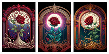 3d Red Flowers Wall Poster. An Ornate Window Overlooking A Night Moon View
