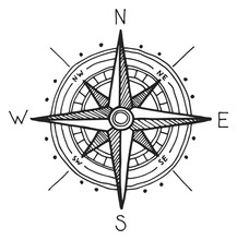 Wind Rose Engraving. Vintage Compass Star Sketch