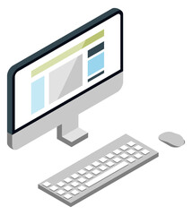 Poster - computer isometric icon. workspace monitor with keyboard and mouse