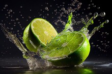 Fresh Green Limes Splashing Into Water On Dark Background, Generative Ai