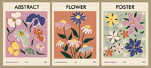 Set Of Different Flower Posters. Modern Groovy, Funky Naive Style, Trendy Pastel Colors. Abstract Daisy, Poppy Flowers. Vector Colorful Illustrations, Perfect For Wall Art, Cards, Covers, Backgrounds