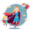 Super Mom. Superhero Mother Character in Red Cape with kids