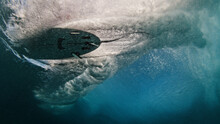 Surfboard Underwater. Underwater View Of The Surfer Moving Fast Along The Wave