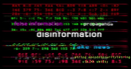 Disinformation media and abstract screen 3d seamless looped. Fly between glitch and noise text concept of fake news, hoax, false information and propaganda.