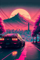 Wall Mural - Hand drawn synthwave Japan illustration