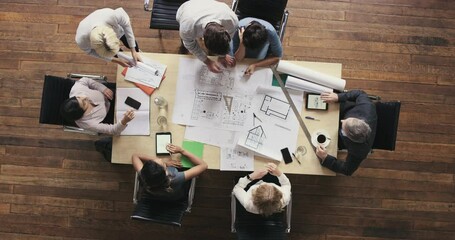 Aufkleber - Top view, architect group and planning with office teamwork, diversity or blueprint paper on desk. Architecture team, collaboration or innovation for floor plan, discussion or meeting in Los Angeles