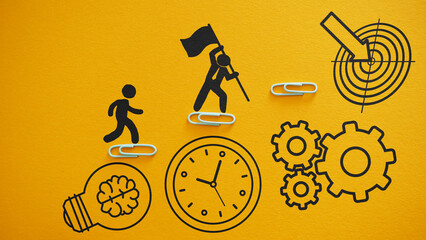 Poster - Successful business development, business goal achievement strategy or career path achievement concept, businessman running up stairs.