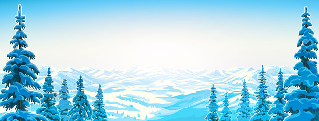 Wall Mural - Winter landscape with snow-covered hills illuminated by the winter sun, and standing in the foreground with snow-covered fir trees. Raster illustration in the panoramic format.