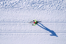 Winter Sports Competitions, Cross Country Skis Glide On Fresh Snow, Aerial Top View
