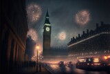 Fototapeta Londyn - celebrating new year eve in london fireworks in the sky illustration generative Ai