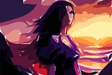 Beautiful Woman In Purple Dress With Long Hair  Abstract Digital Illustrations Painting Concept Art Part#231222