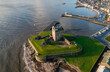 Brotie Castle on the banks of the River Tay at Brotie Ferry, Dundee, Scotland.  View from above