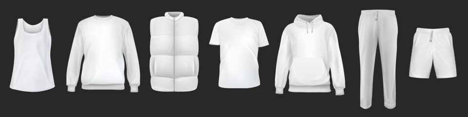 Wall Mural - Set of vector realistic white t-shirt, sweatshirt, hoodie, vest, shorts, pants base cloth isolated on black background. 3d mockup for branding or fashion. Collection design casual template.